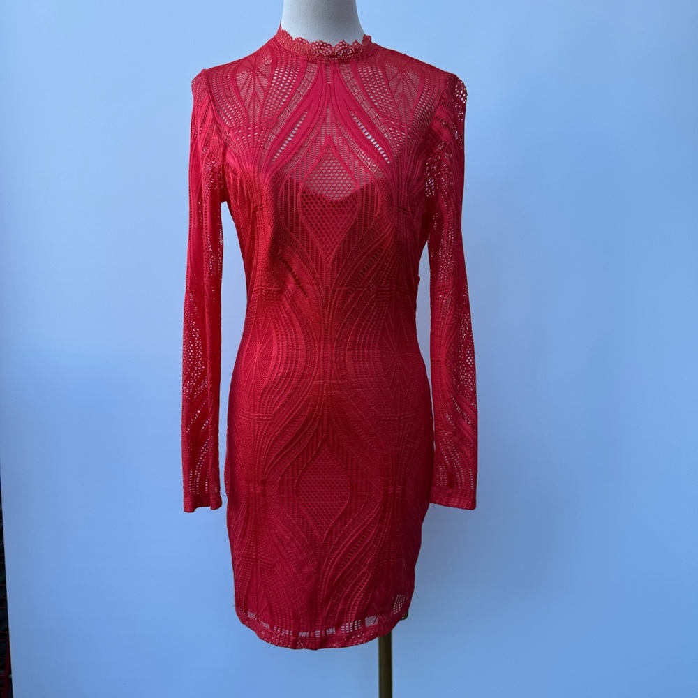 Bebe Red Long Sleeve Open Back Bodycon Red Dress Dress